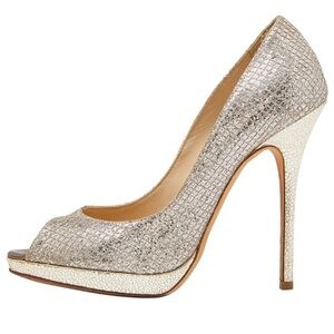 Jimmy Choo Luna 100 Gold Glitter Platform Peep Toe Pumps 38 1/2 8.5